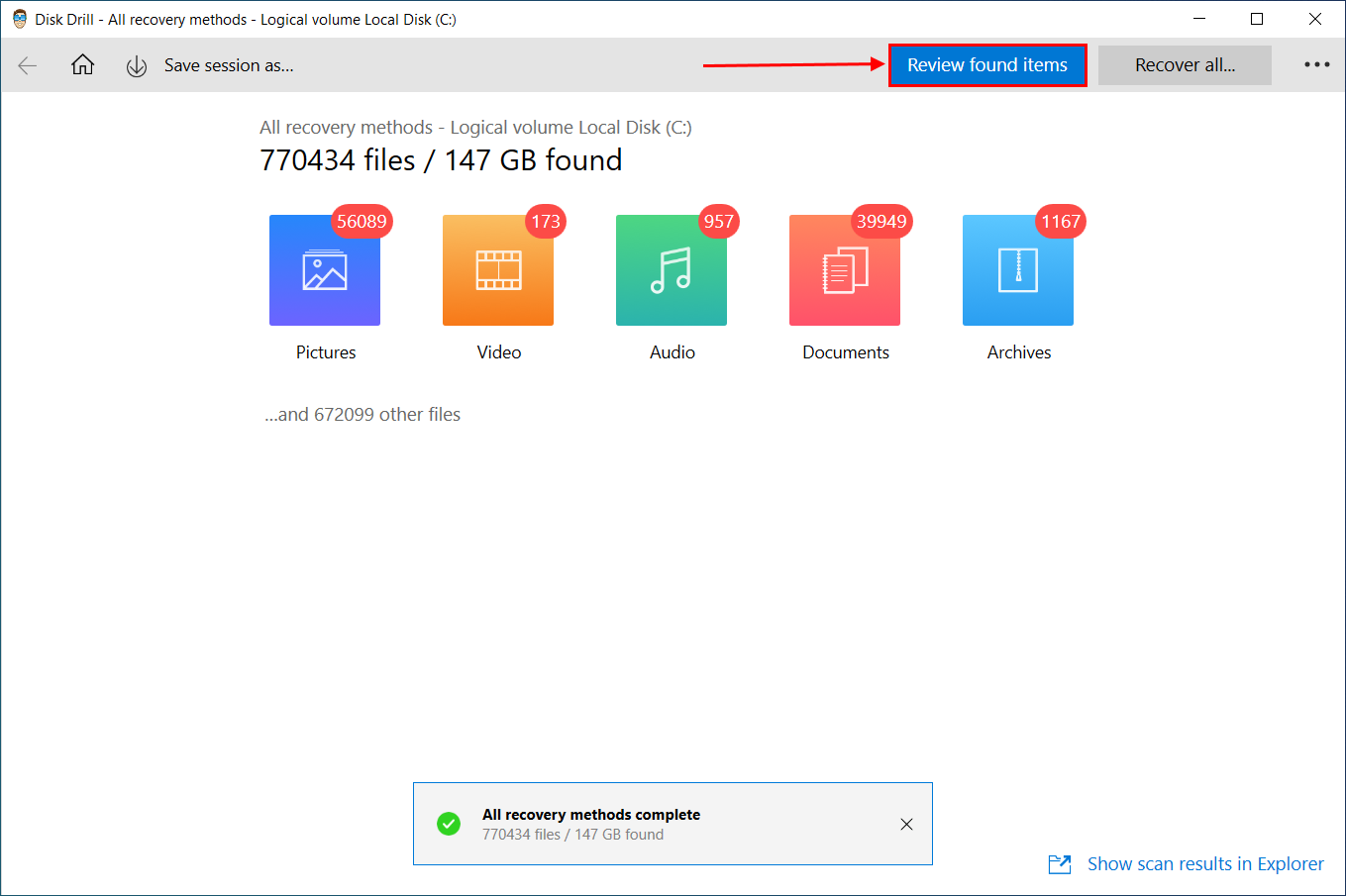 Scan results window in Disk Drill