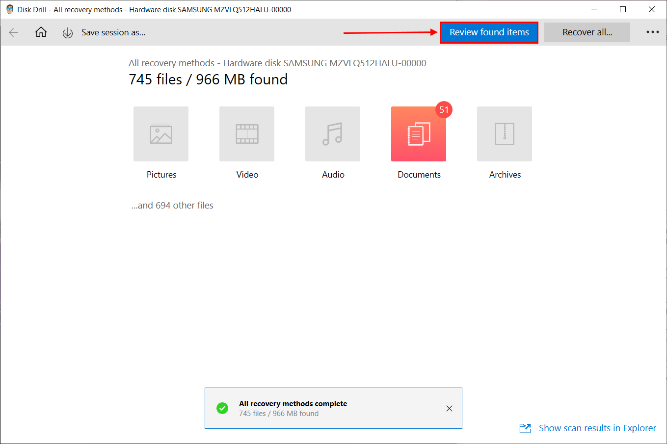 Scan results in Disk Drill