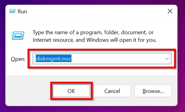 The Run program with the diskmgmt.msc command.