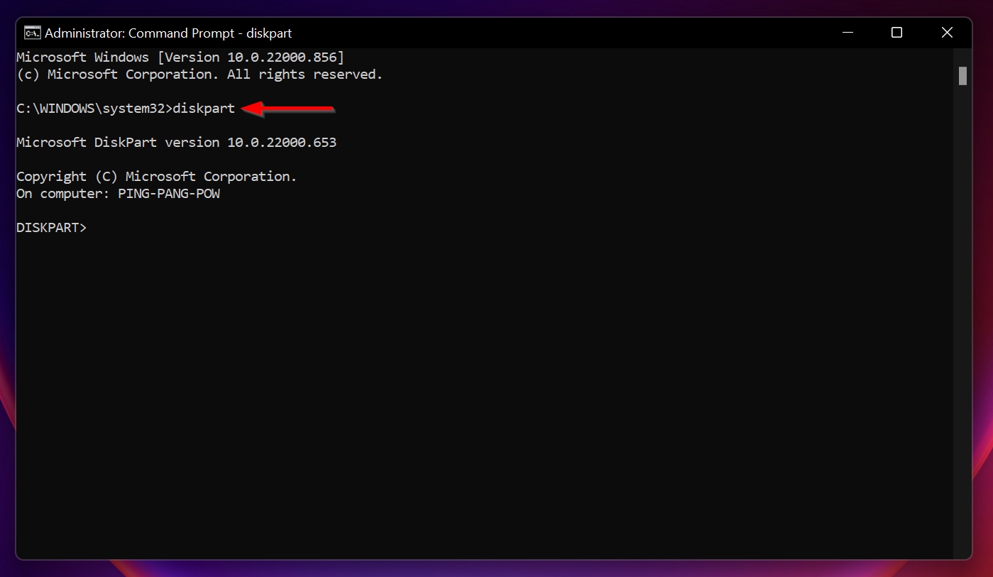 The diskpart command in Command Prompt.