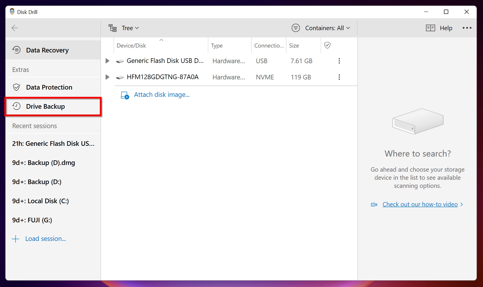 Drive backup option in Disk Drill's navigation pane.