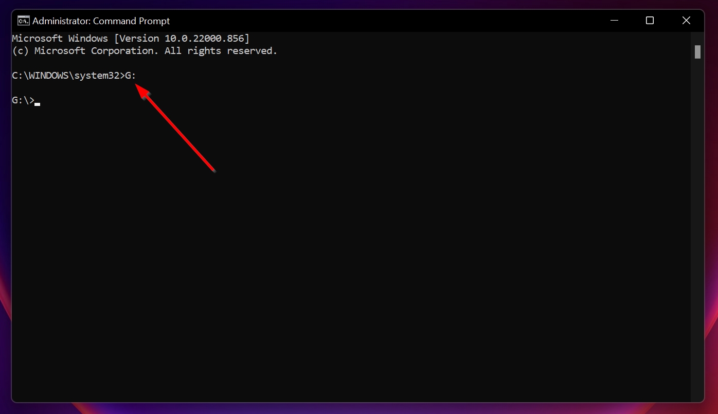 The drive letter command in Command Prompt.