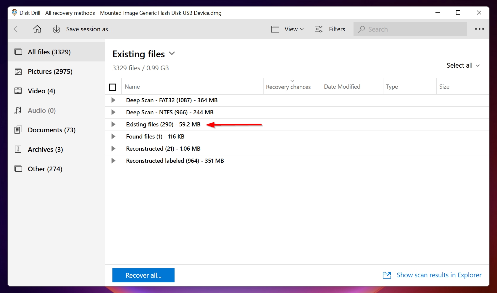 Existing files option in Disk Drill.
