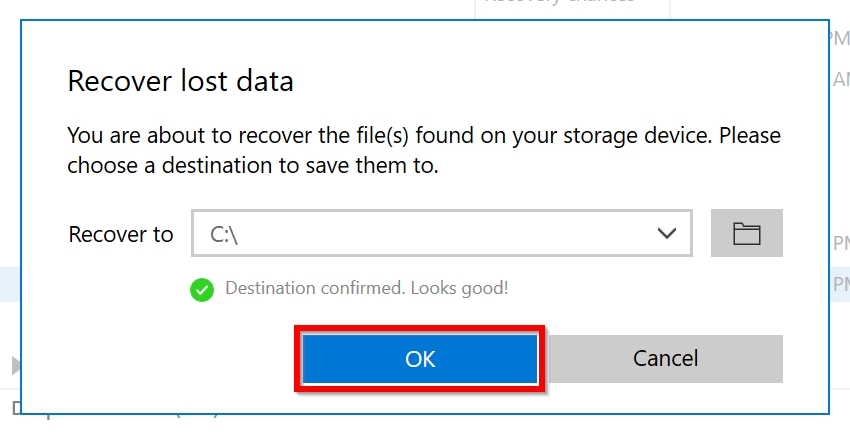 File recovery destination selection screen.