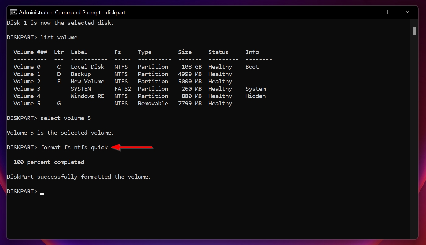 The format command in Command Prompt.