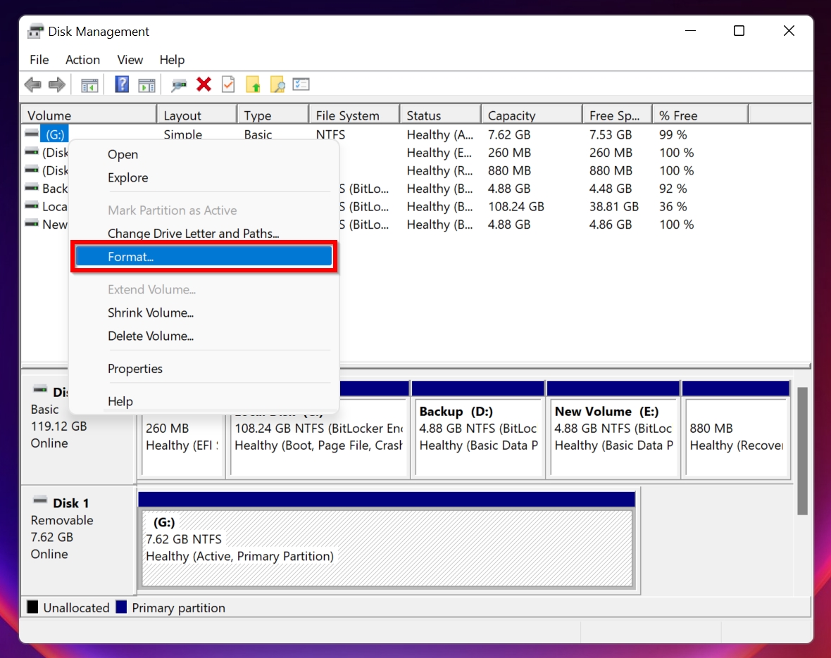 The Format option in Disk Management