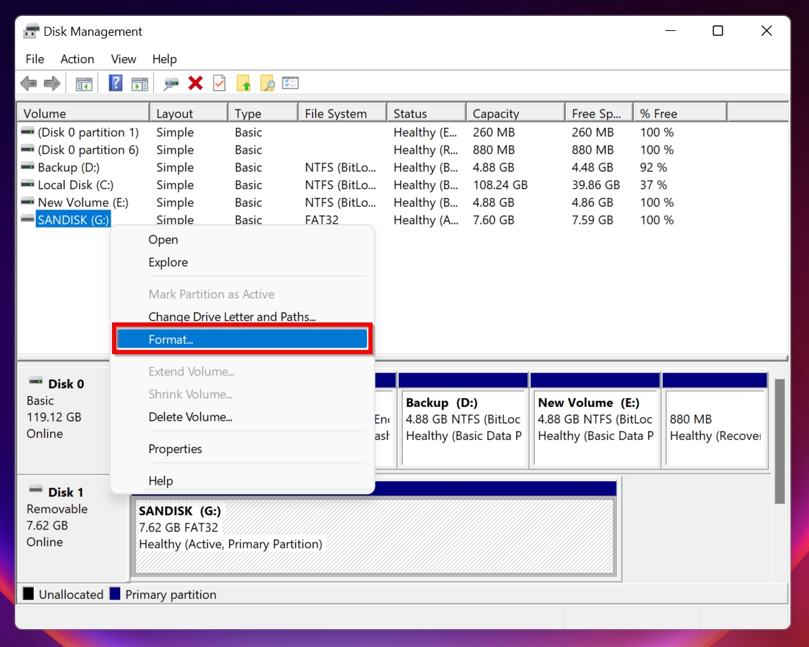 Format option in Disk Management