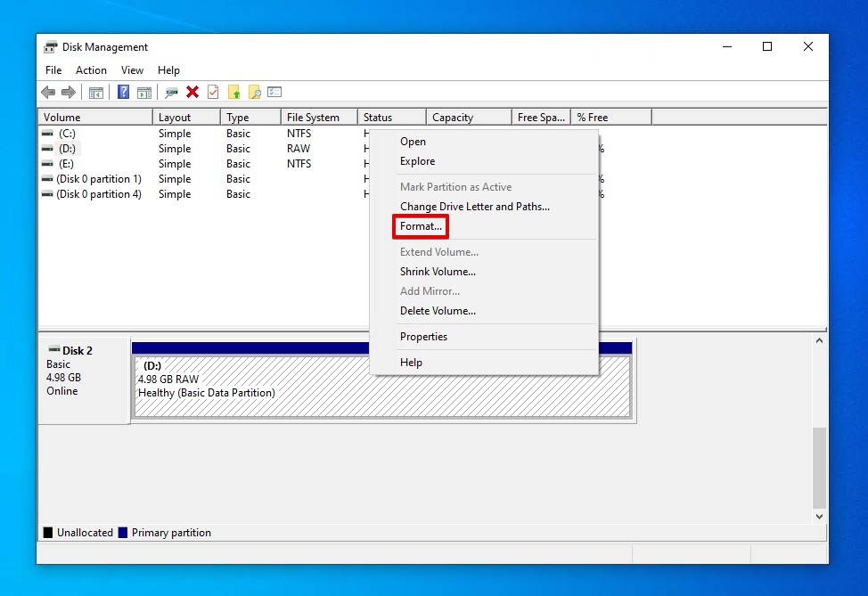 Formatting the partition using Disk Management.