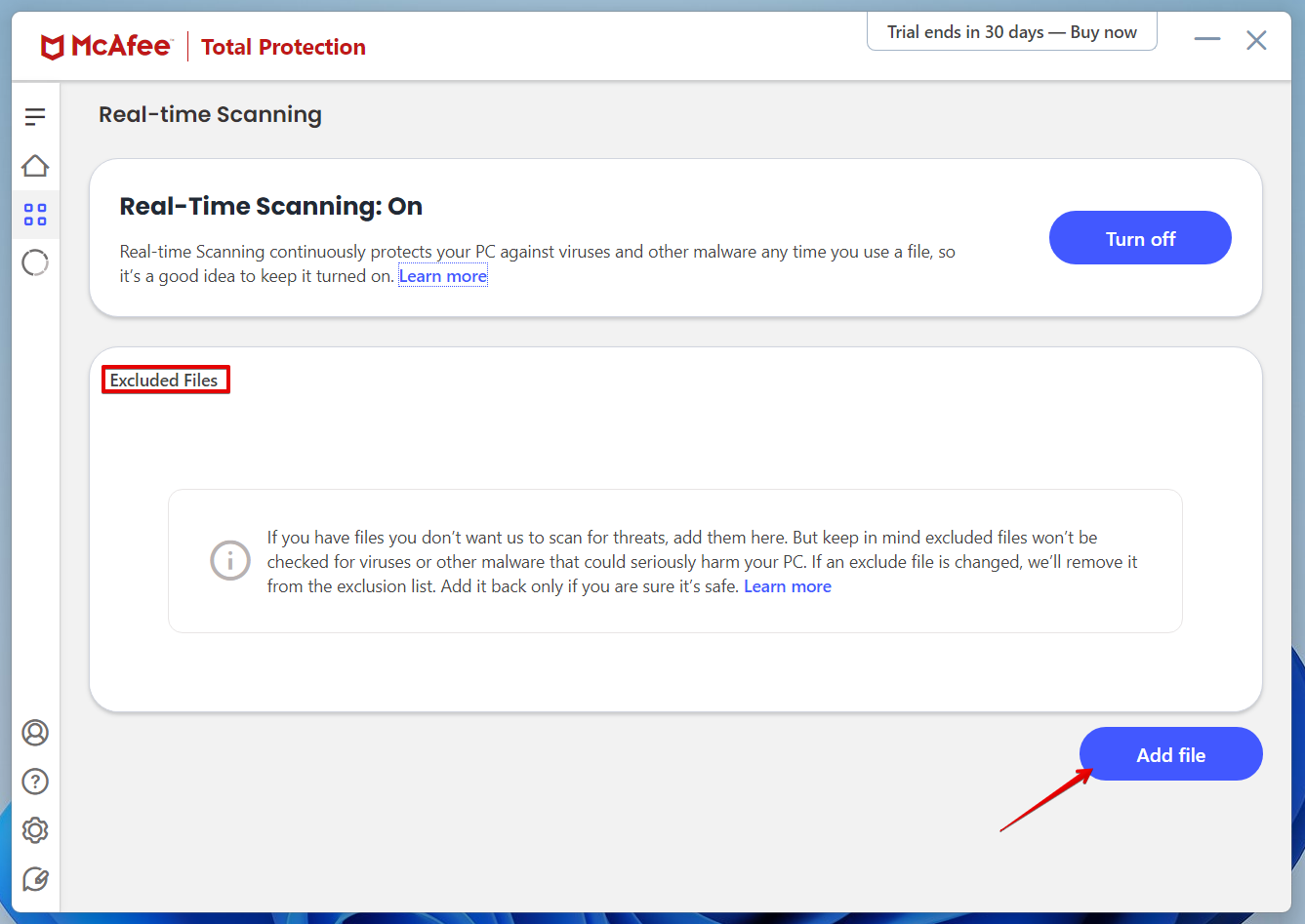 Click on add files mcafee
