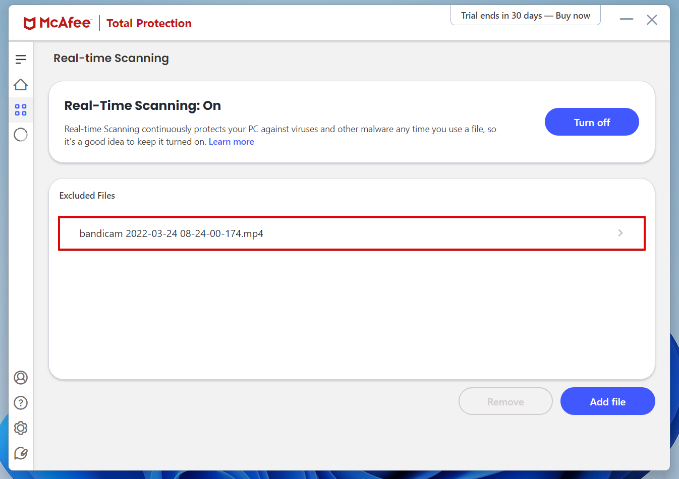 File excluded in mcafee