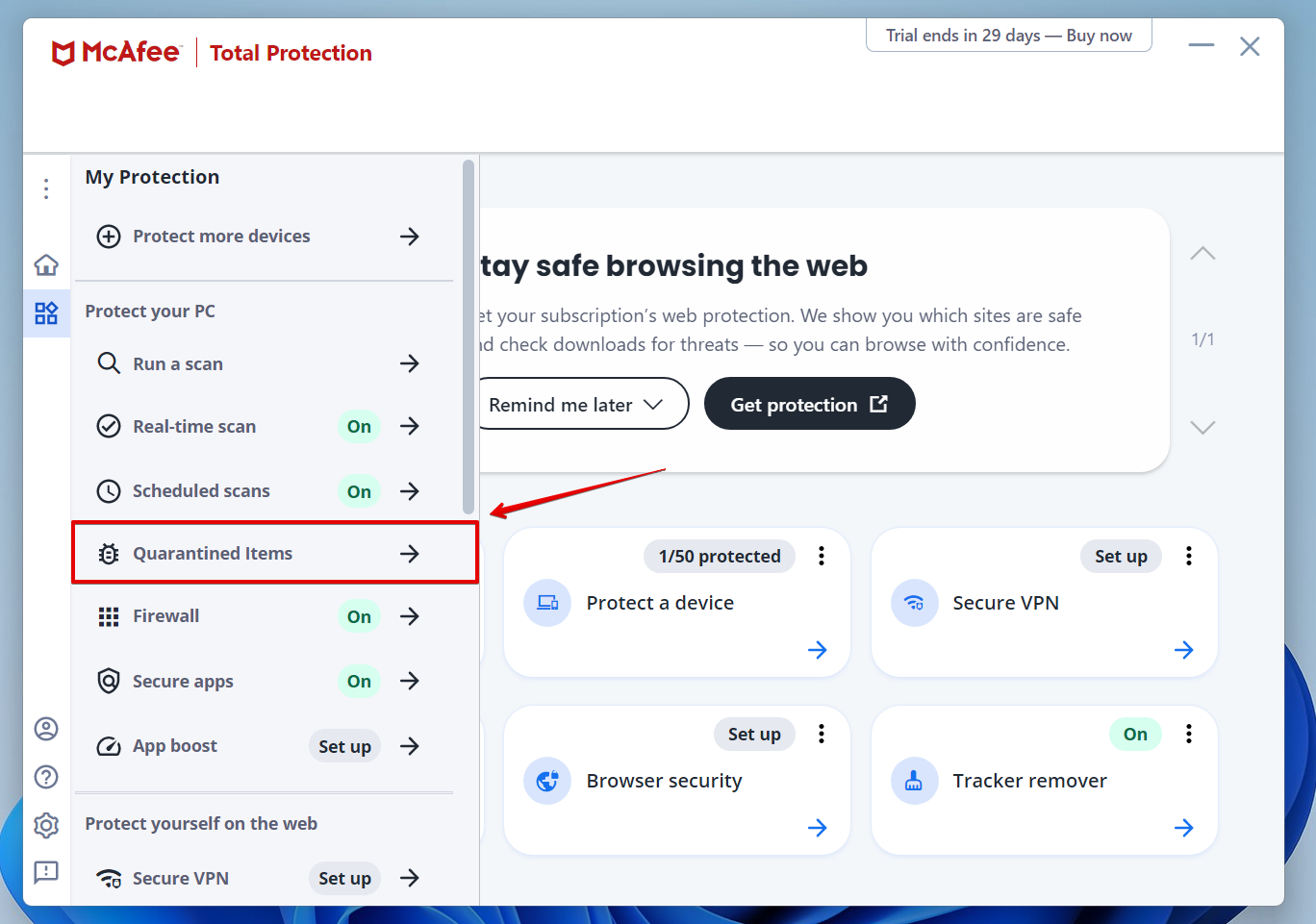 Quarantined file section in mcafee antivirus