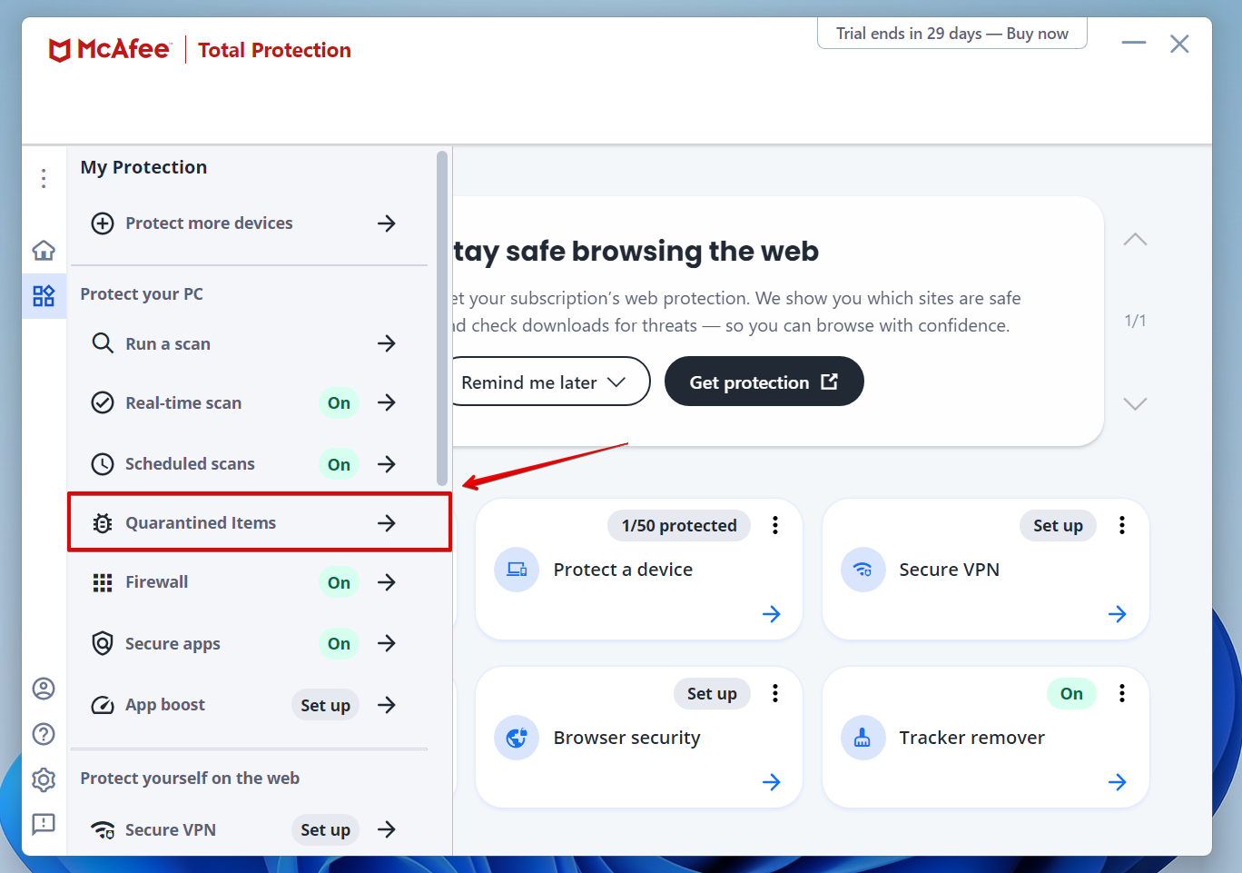 quarantined file section in mcafee antivirus