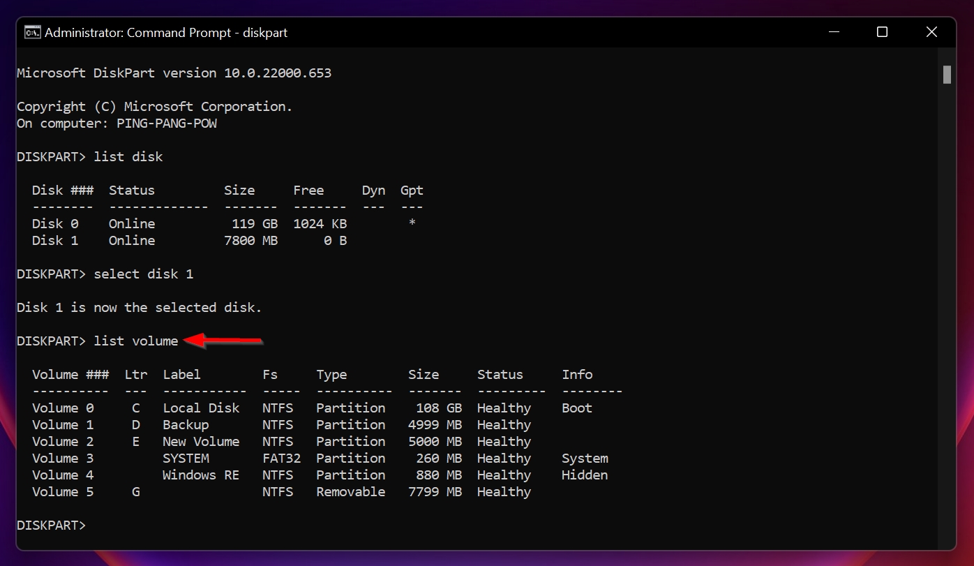 The list volume command in Command Prompt.