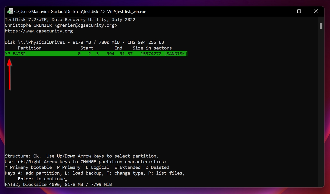 Highlighted partition in TestDisk