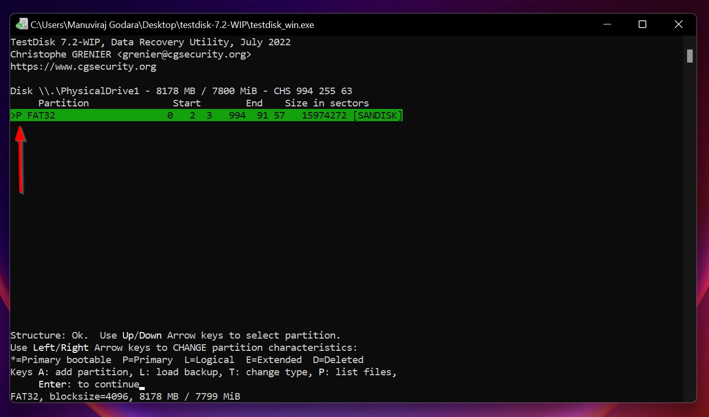 Highlighted partition in TestDisk.