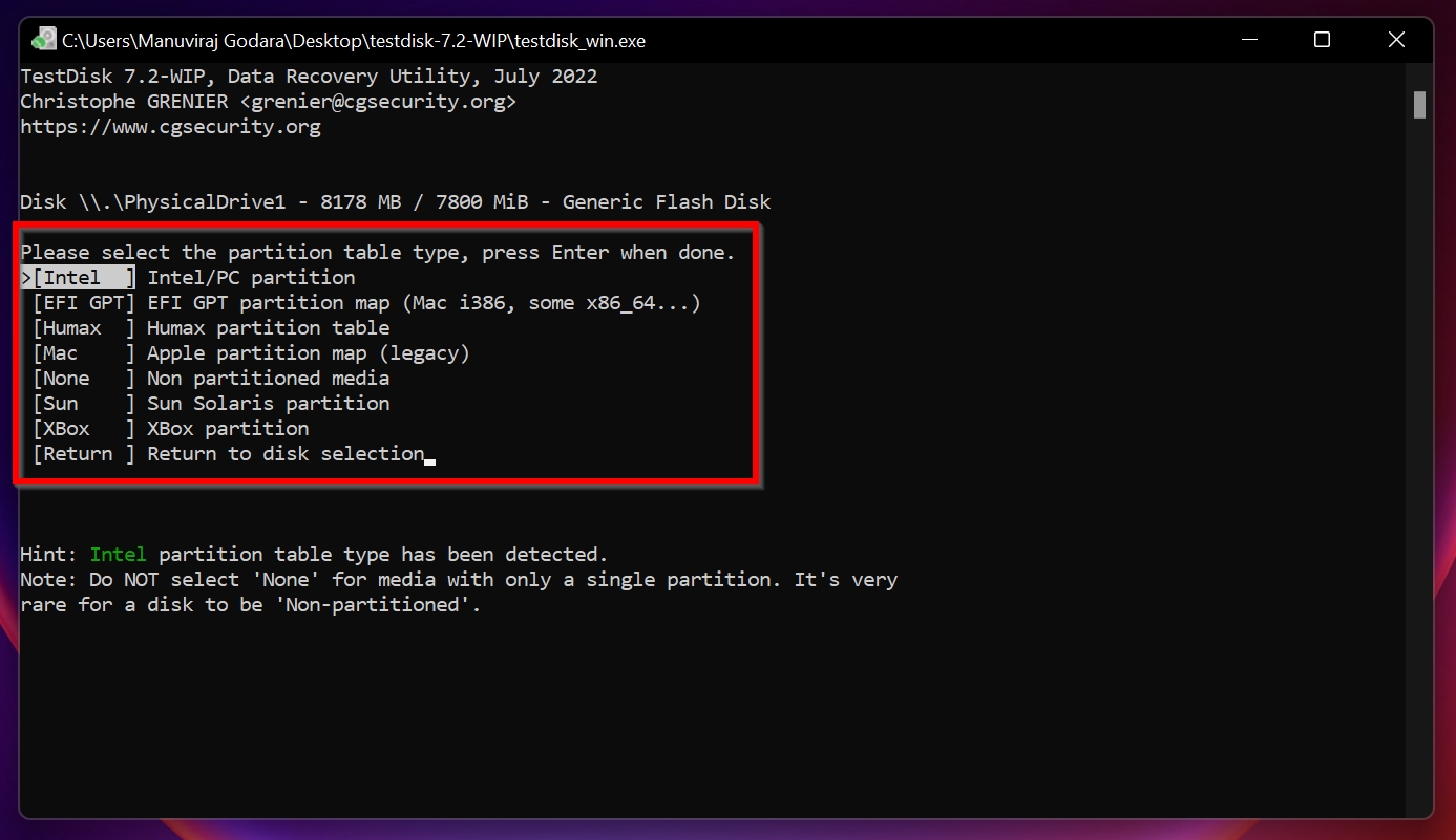 Select partition table screen in TestDisk
