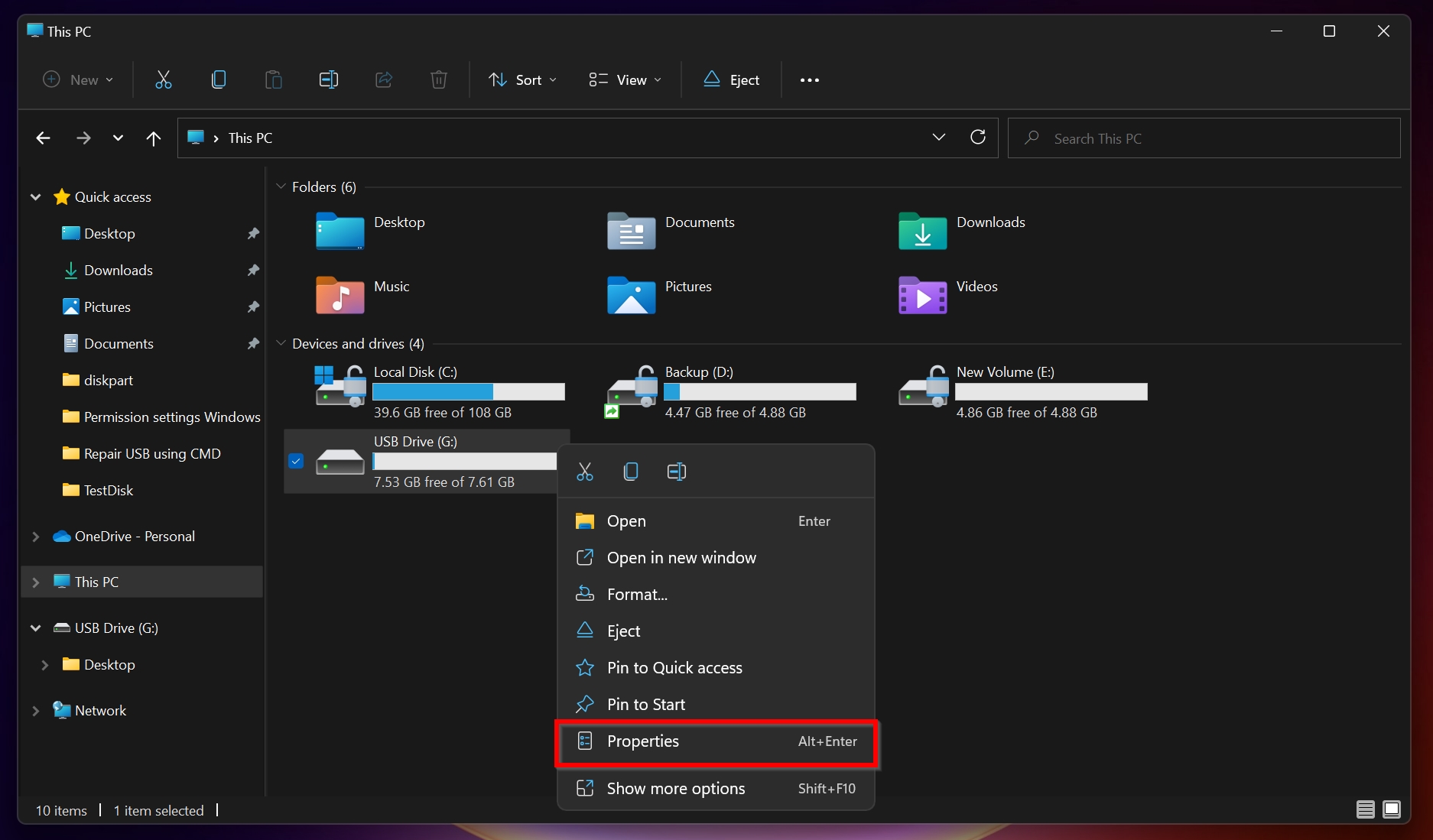 Properties option in Windows Explorer