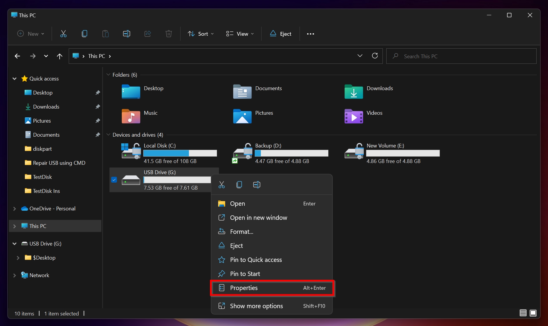 Properties option in Windows Explorer
