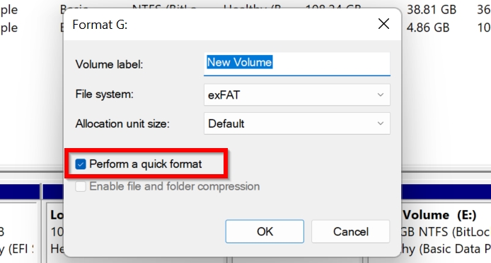 Format options in Disk Management.