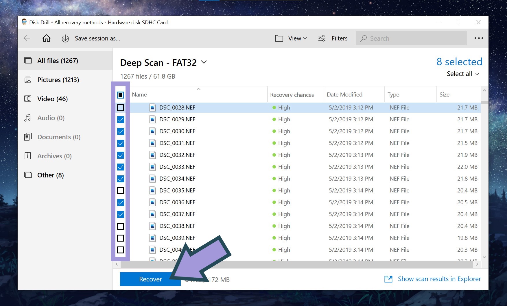 Select files to recover data from Panasonic SD card