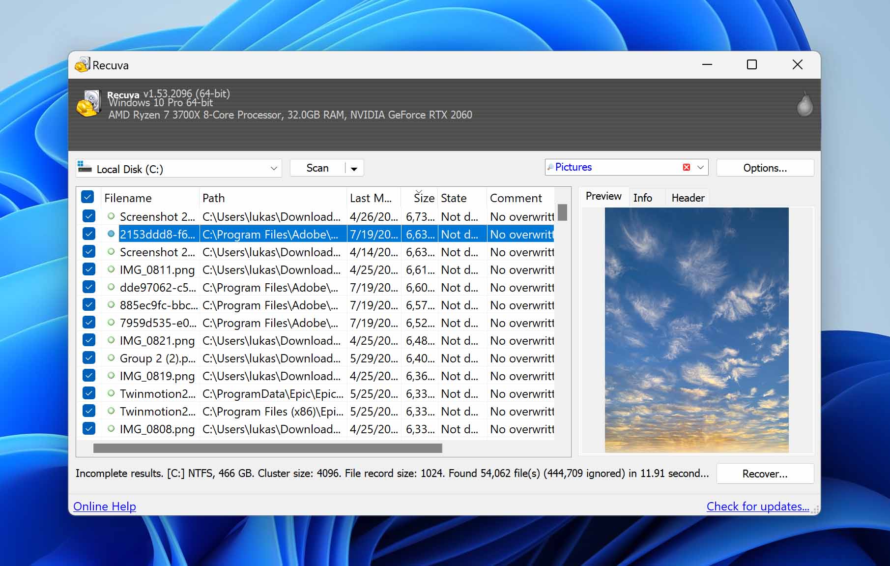 Image showcasing Recuva software, another effective alternative to PhotoRec for file recovery on Windows