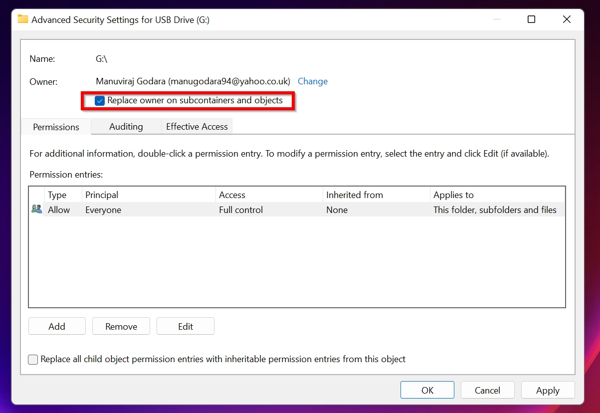 Replace owner on subcontainers checkbox