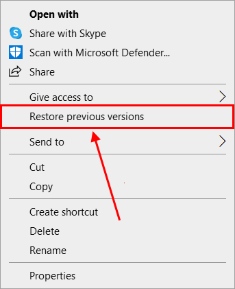 Restore previous versions button in right-click menu