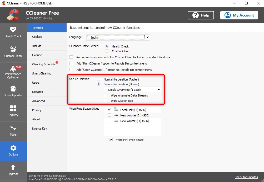 using secure file deletion in ccleaner