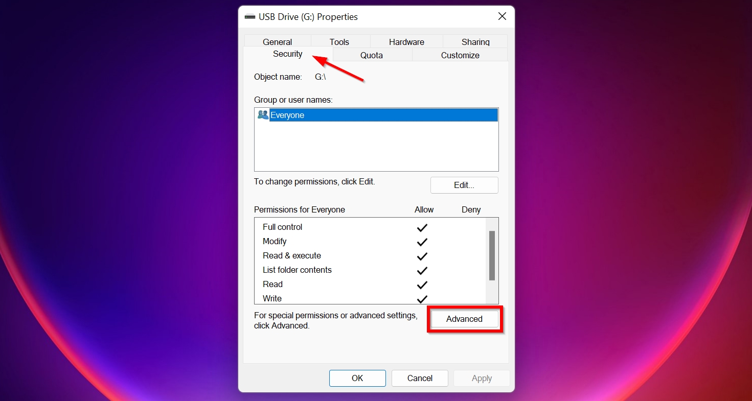 The Security tab in Properties