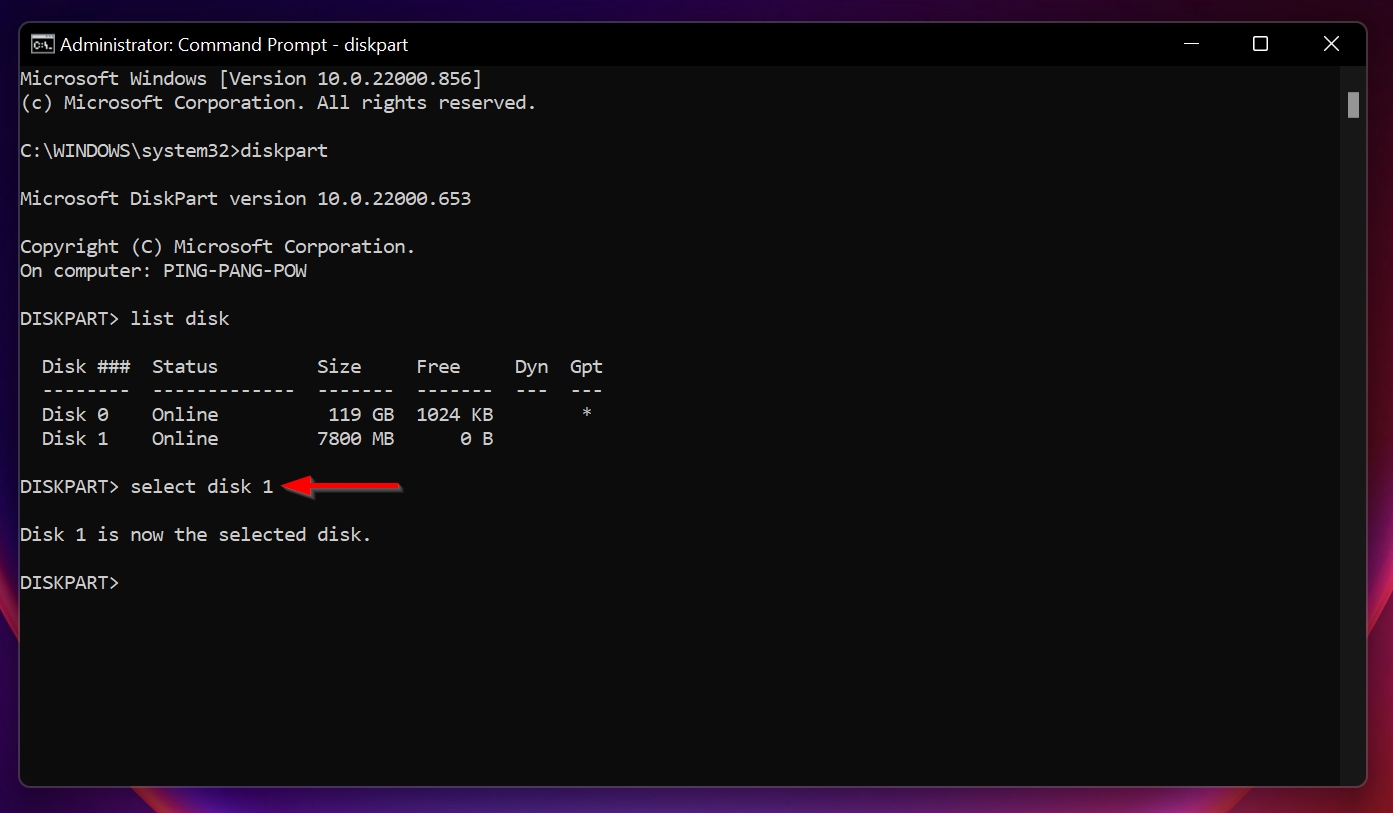 The select disk command in Command Prompt.
