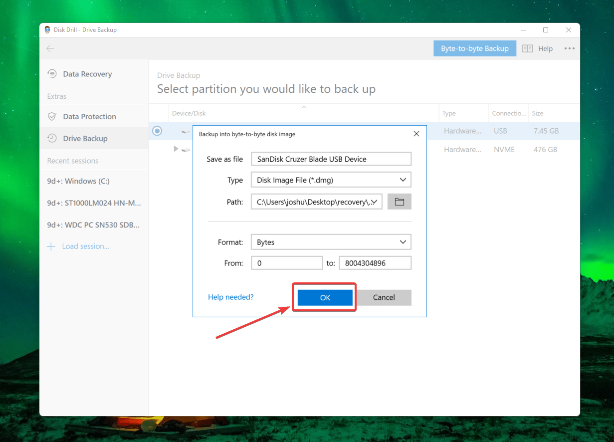 selecting a destination for saving the disk image