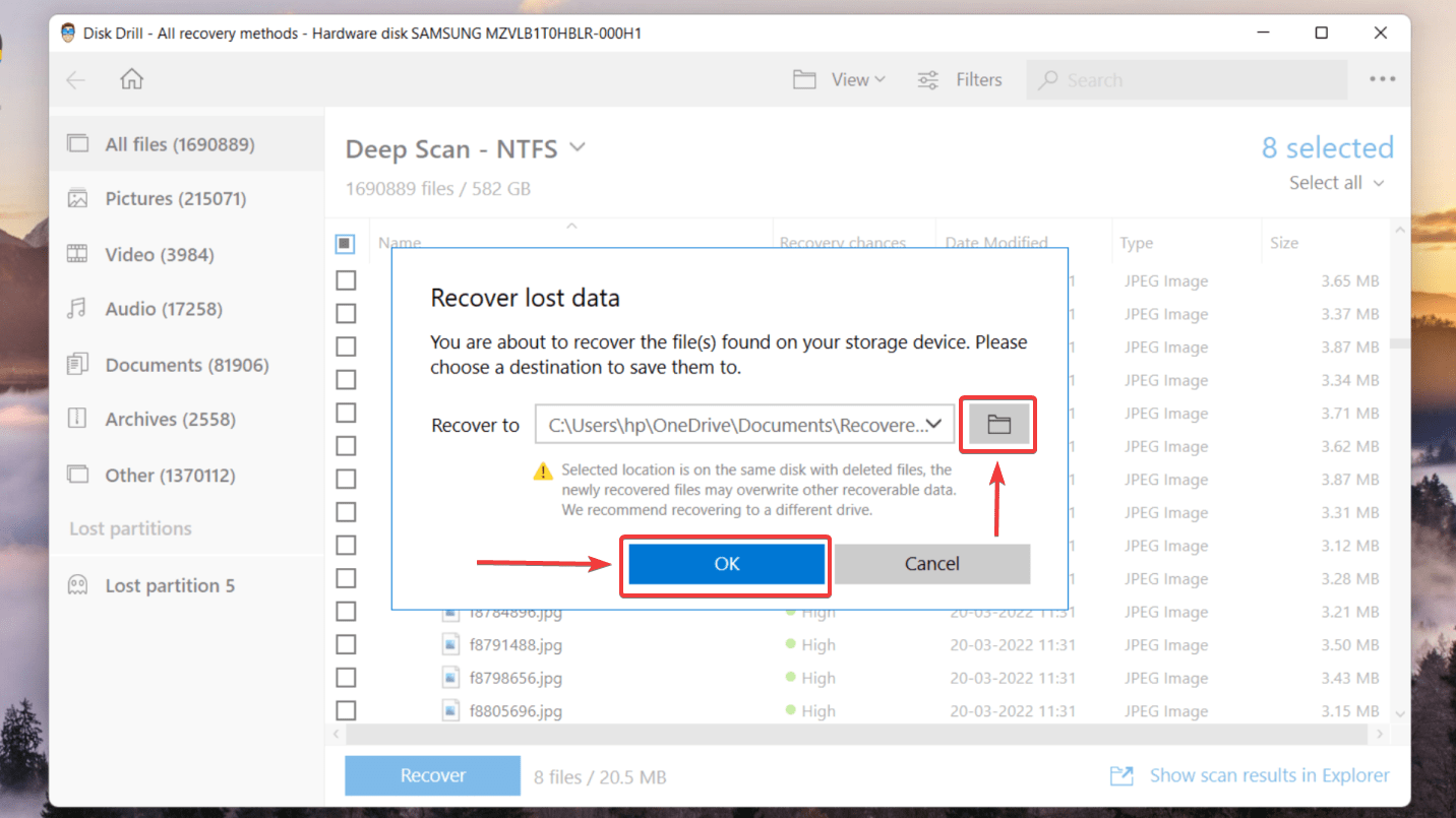 selecting destination for saving recovered files