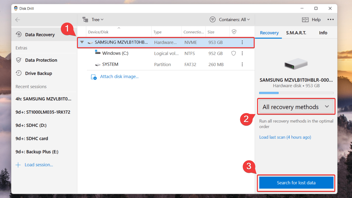 selecting drive on disk drill