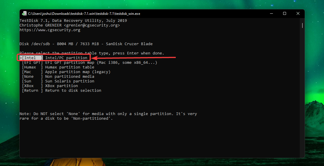 selecting partition table on test disk