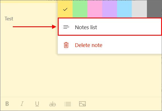 Notes list button in sticky notes app
