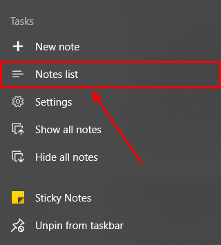 Notes list button in the right-click menu of the sticky notes app