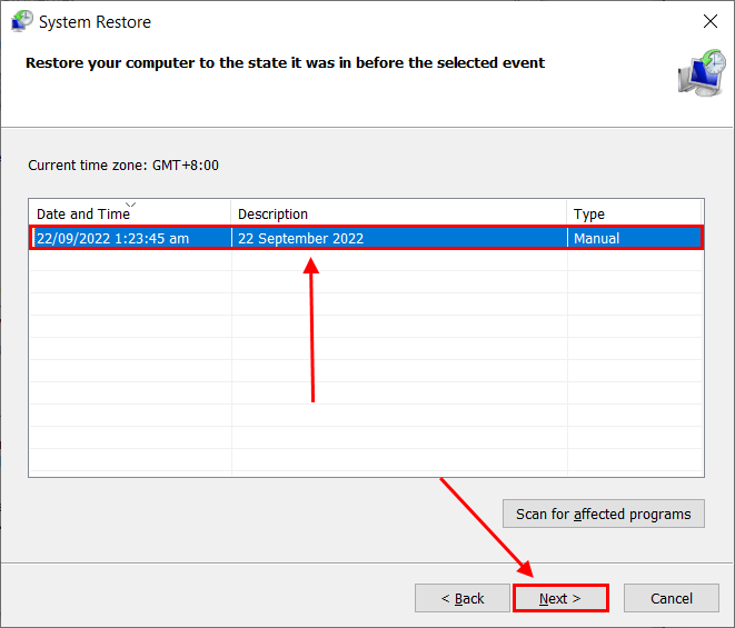 restore point selection window in System Restore