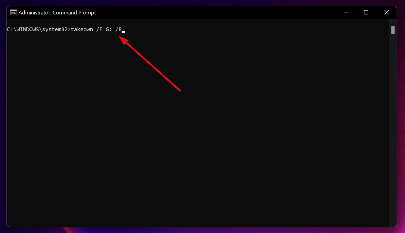 The takeown command in Command Prompt