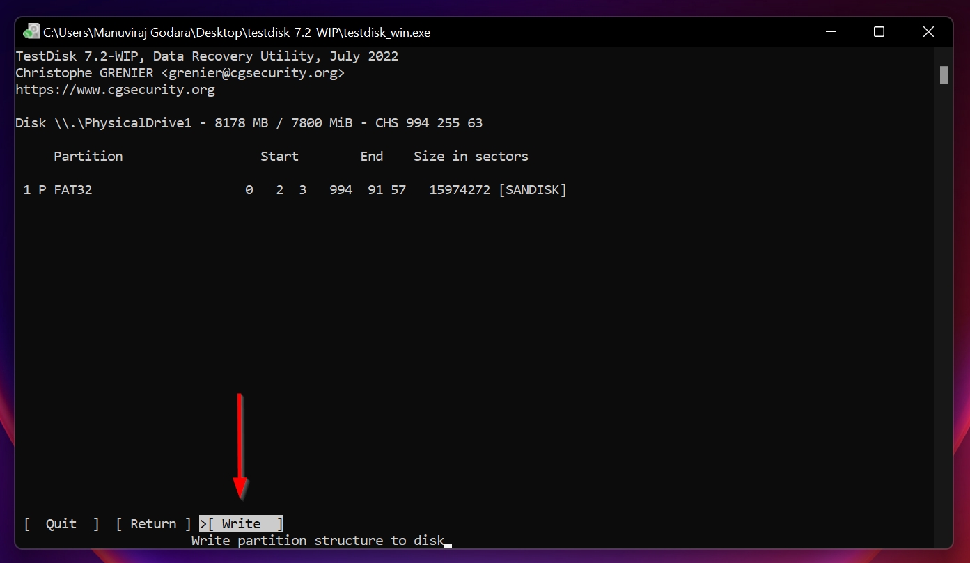 Write option in TestDisk