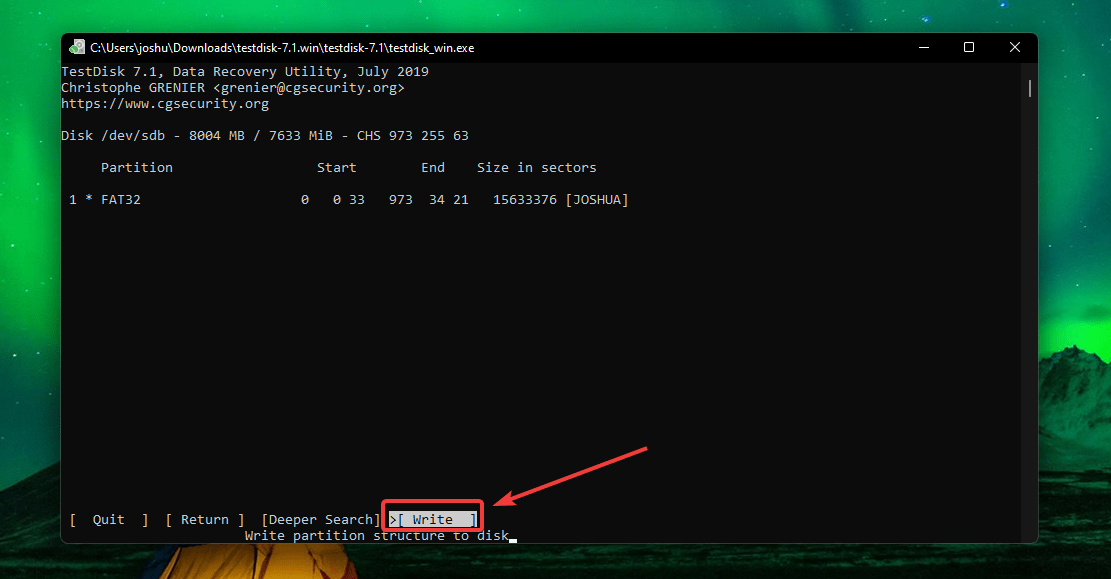 entering the write partition command on test disk