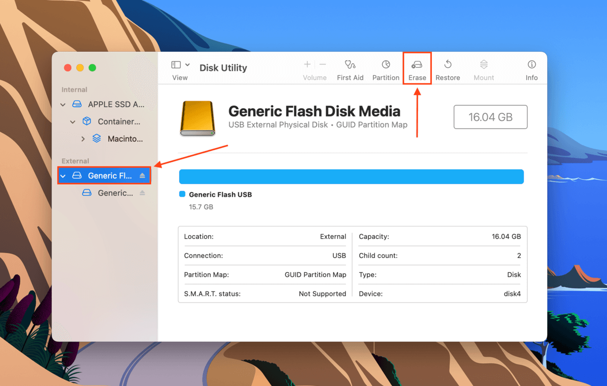 Erase button in disk utility window