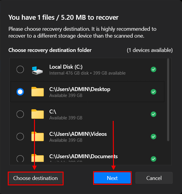 destination folder selection dialog in disk drill