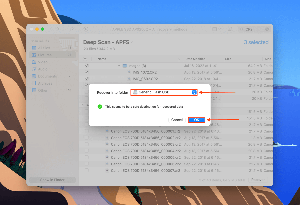 destination folder selection dialog in disk drill