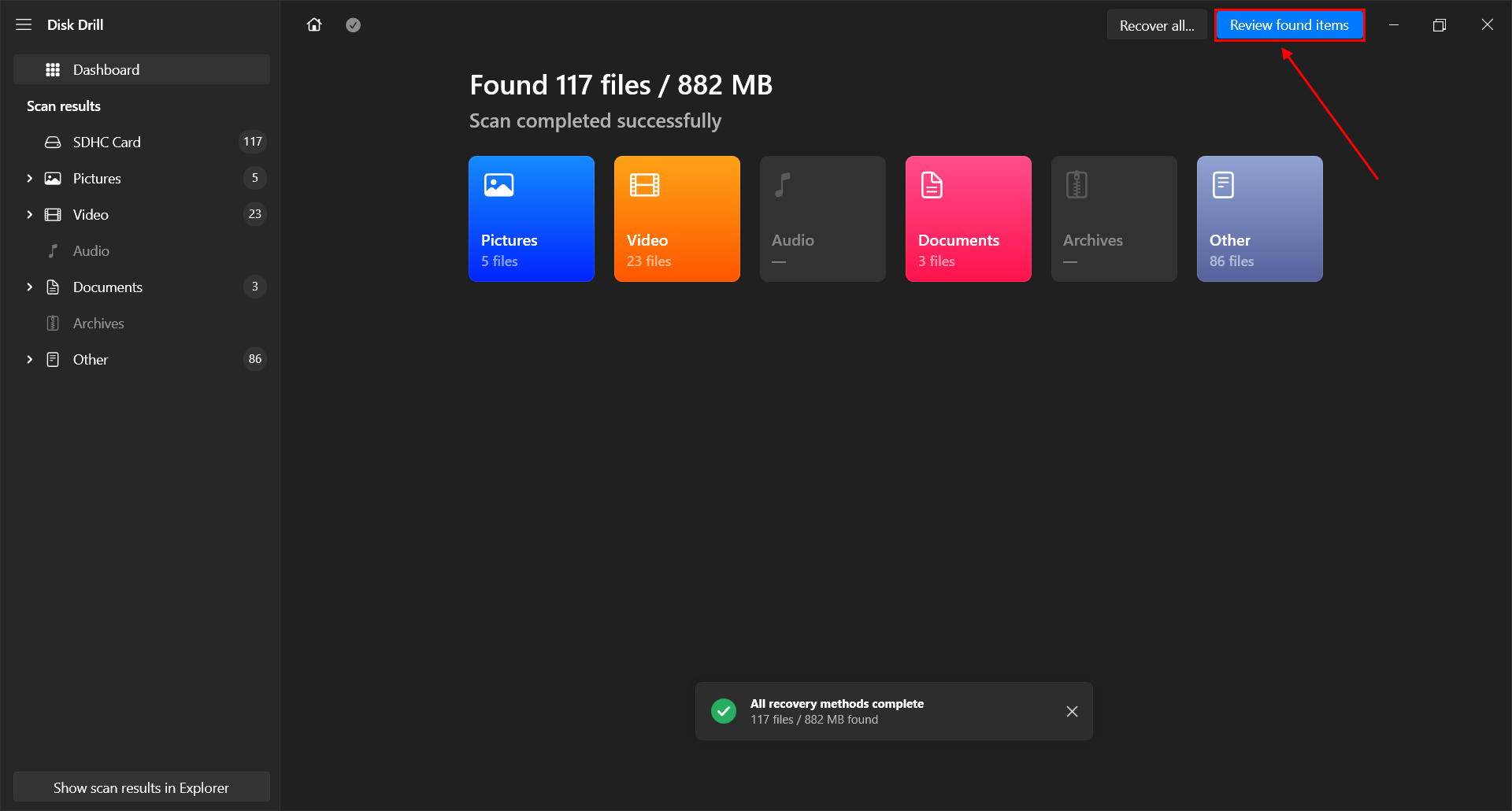 scan results in disk drill