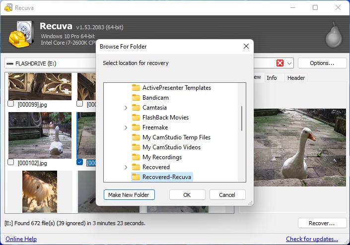 Recuva Choosing Destination Folder
