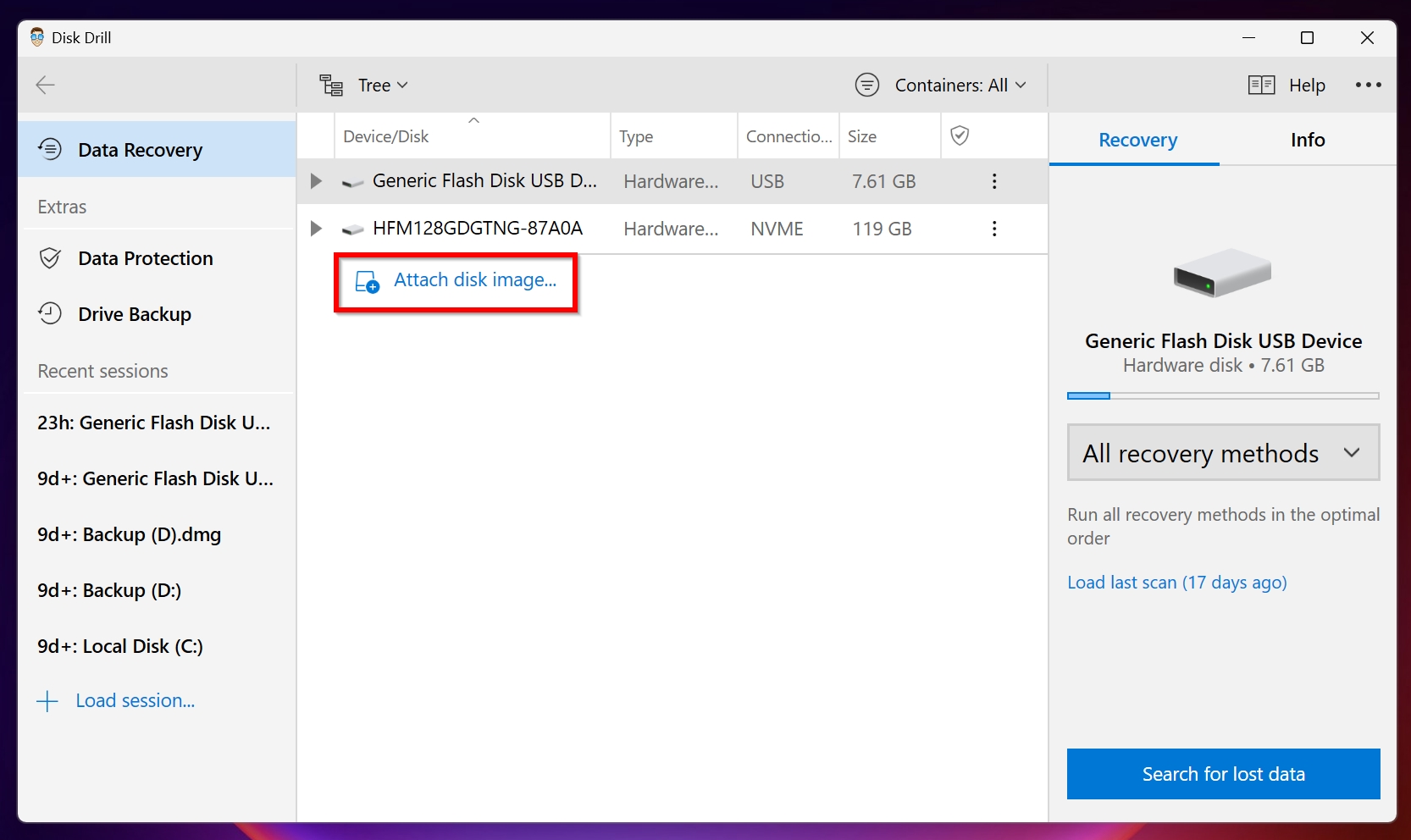 The attach disk image option in Disk Drill.