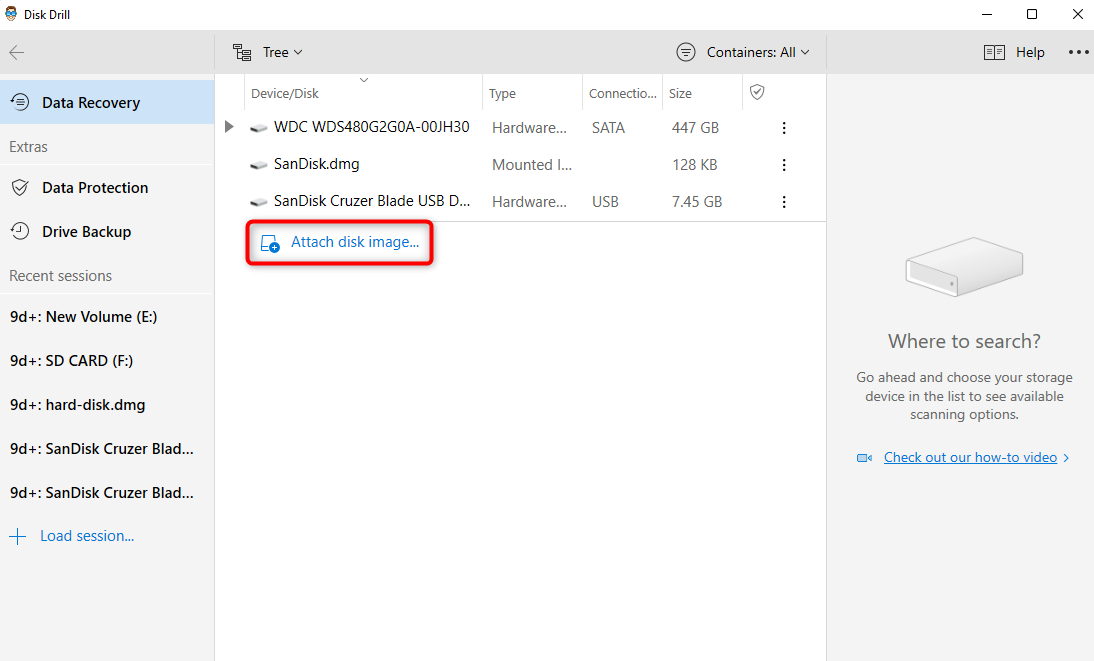 attaching disk image in disk drill