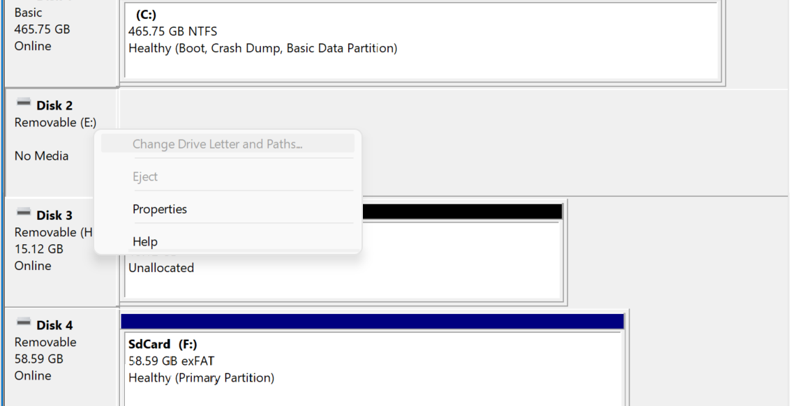 Unable to change the drive letter in DIsk Management.