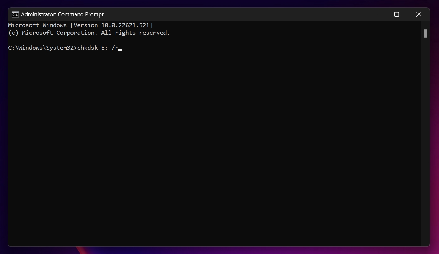 CHKDSK syntax in Windows Command Prompt.