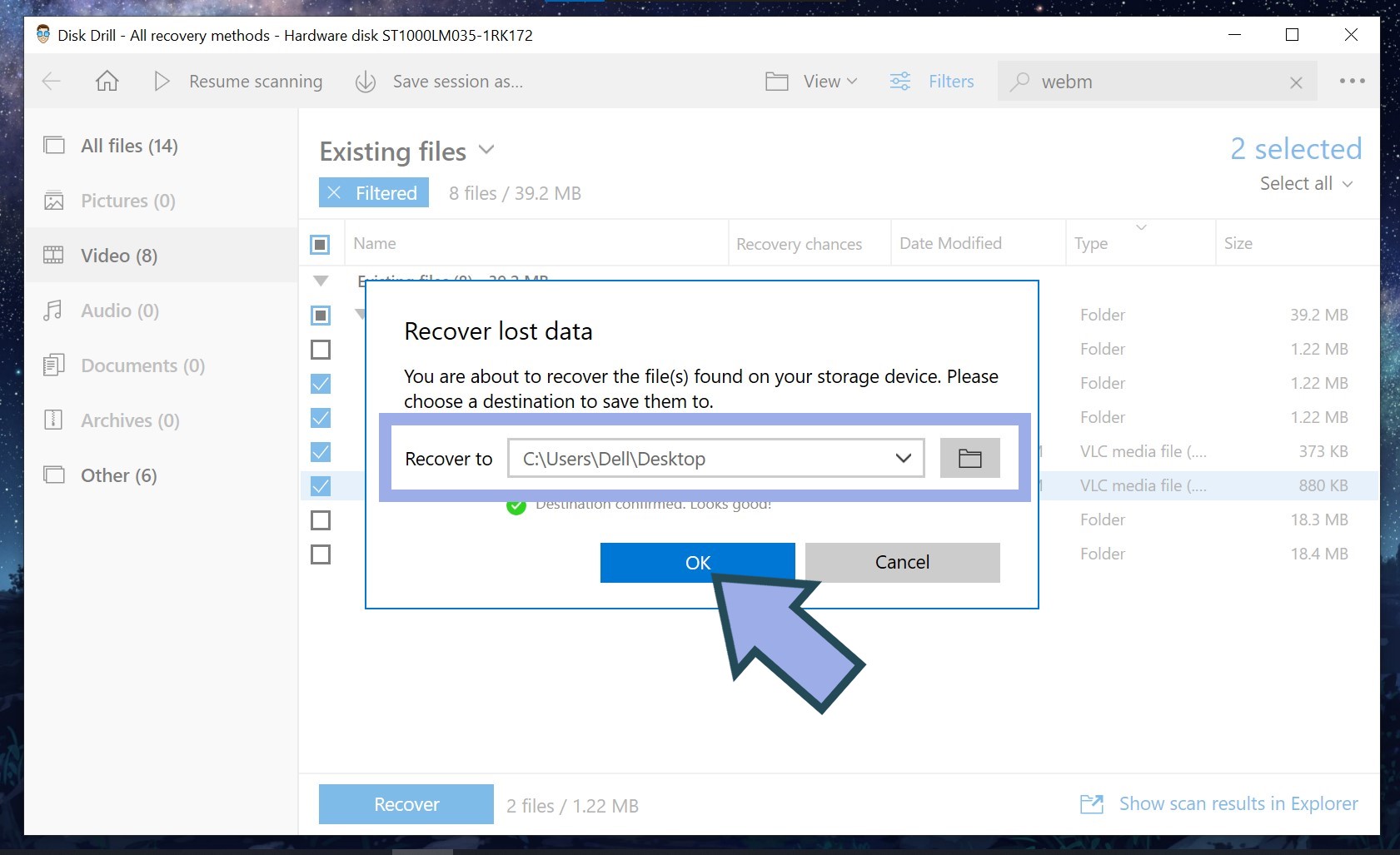 Assigning a new location for the recovered WebM videos